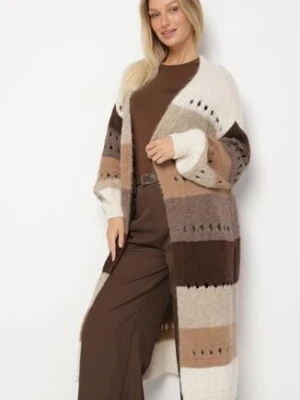 Beżowy Długi Kardigan Ażurowy w Paski z Domieszką Wełny i Wiskozy Ilomine jumelle