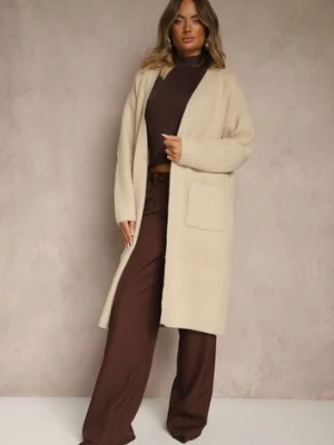 Beżowy Długi Kardigan Niezapinany z Bawełną Ferrive j&x