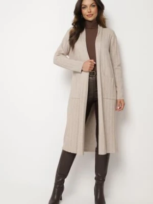 Beżowy Długi Kardigan z Wiskozą i Kieszeniami Bez Zapięć Naritha palma