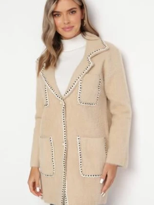 Beżowy Długi Kardigan z Wiskozy z Błyszczącą Nitką i Perłowymi Guzikami Naarriel elsa.m by may