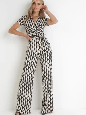 Beżowy Długi Kombinezon Kopertowy Wiązany w Pasaie Braya by swan