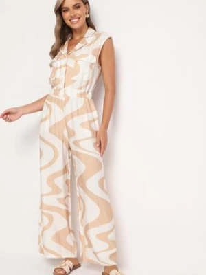 Beżowy Długi Kombinezon z Gumką w Pasie w Geometryczny Wzór z Wiskozą Orivia allyson