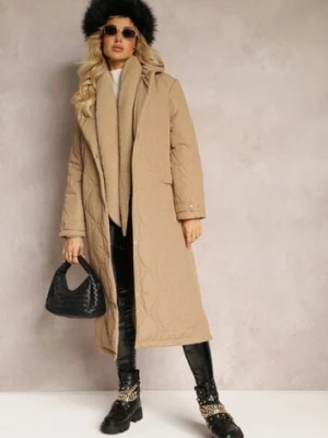 Beżowy Długi Płaszcz Kurtka Ozdobiona Pikowaniem Hamid jstyle