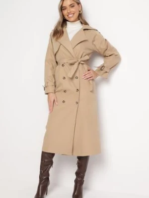 Beżowy Długi Płaszcz Trencz Dwurzędowy z Paskiem w Talii Cadenite retro & icone