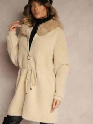Beżowy Długi Płaszcz ze Ściągaczem w Pasie Zdobiony Futrem Delithriel wei wei