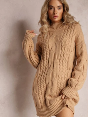 Beżowy Długi Sweter o Luźnym Kroju z Warkoczykowym Splotem Penerria Wool Fashion