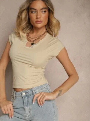 Beżowy Dopasowany T-shirt z Ozdobnymi Guziczkami i Wycięciem przy Dekolcie Benolla elsa.m by may