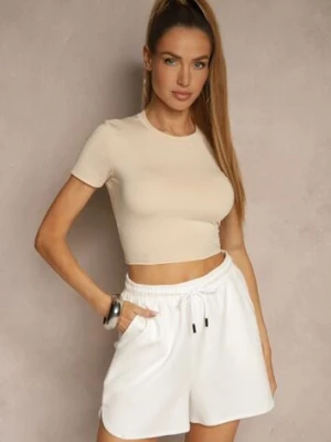 Beżowy Dopasowany T-shirt z Wiskozą o Kroju Crop Top Folaviela