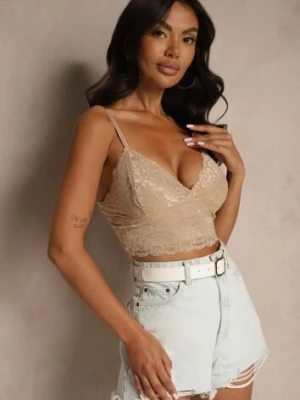 Beżowy Dopasowany Top z Koronki na Ramiączkach Pasirelia sublevel