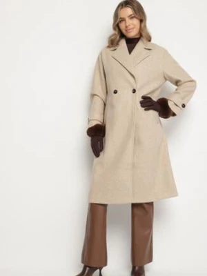 Beżowy Dwurzędowy Płaszcz Oversize z Wełny i Wiskozy w Eleganckim Stylu Tiliavia