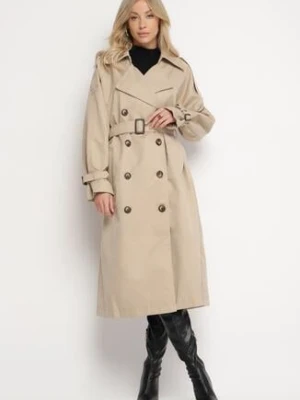 Beżowy Dwurzędowy Płaszcz Trencz o Oversizowym Kroju z Paskiem Inathara