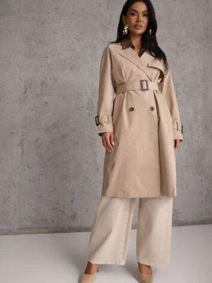 Beżowy Dwurzędowy Płaszcz Trencz z Paskiem Ninnolia