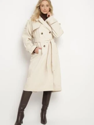 Beżowy Dwurzędowy Płaszcz Trencz z Wiązanym Paskiem Rozcięciem i Klapą Terezi j.style
