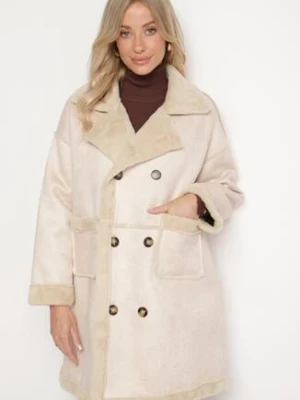 Beżowy Dwurzędowy Płaszcz z Futerkowymi Wstawkami i Wsuwanymi Kieszeniami Torcella yu & me