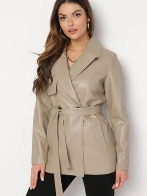 Beżowy Dwurzędowy Płaszcz z Imitacji Skóry Kurtka Wiązana w Talii Lepari jusdepom