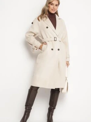 Beżowy Dwurzędowy Płaszcz z Paskiem Haleri belcci
