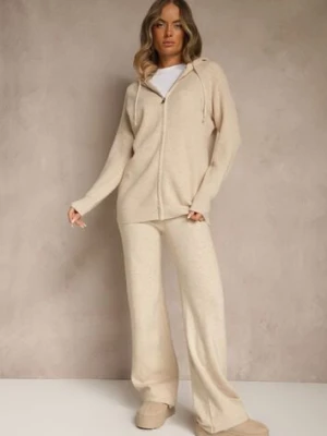 Beżowy Dzianinowy Komplet Dresowy z Wełną Bluza z Kapturem i Spodnie Essana j&x