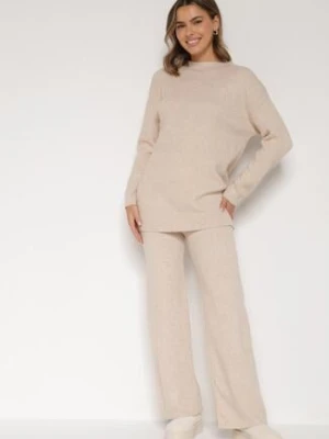 Beżowy Dzianinowy Komplet z Bawełną i Wełną Długi Sweter i Szerokie Spodnie Reinesa