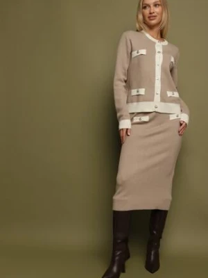 Beżowy Dzianinowy Komplet z Bawełną Kardigan i Spódnica Amantta j&x