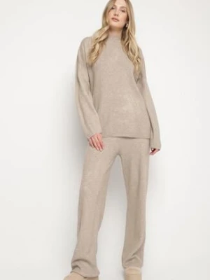 Beżowy Dzianinowy Komplet z Wełną Spodnie i Sweter Tesira
