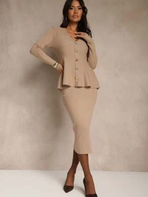 Beżowy Dzianinowy Komplet z Wiskozą Elegancki Kardigan i Spódnica Unalaia unigirl