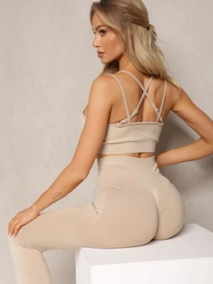 Beżowy Elastyczny Komplet Fitness Usztywniany Biustonosz i Legginsy z Gumką Orbinra