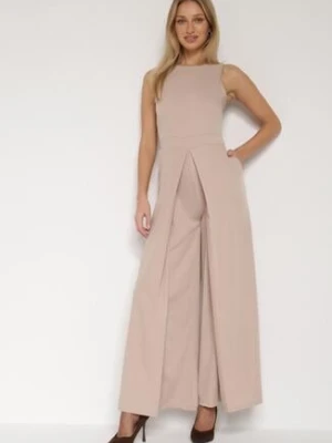 Beżowy Elegancki Kombinezon z Ozdobnymi Zakładkami Zellysha