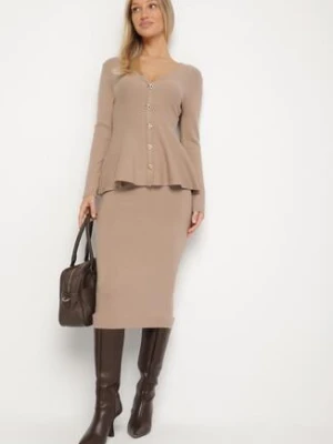 Beżowy Elegancki Komplet z Dzianiny z Wiskozą Kardigan i Spódnica Uneva unigirl