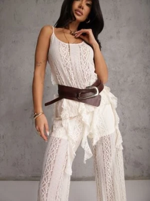 Beżowy Eteryczny Komplet z Koronką i Falbankami Top i Spodnie Wide Leg Pretilaine