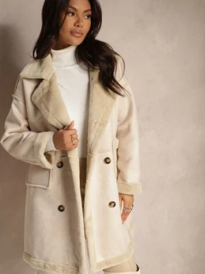 Beżowy Futerkowy Płaszcz Dwurzędowy z Kieszeniami i Szerokim Kołnierzem Sartelia yu & me
