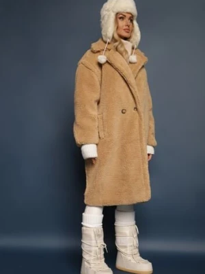 Beżowy Futrzany Płaszcz Teddy Zapinany na Guziki Bathalasa