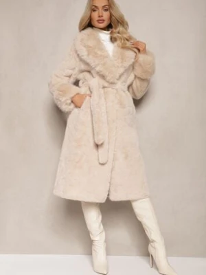 Beżowy Futrzany Płaszcz z Wiązanym Paskiem Ozdobnym Kołnierzem i Mankietami Viaressa yu & me