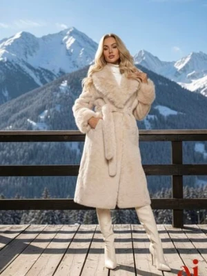 Beżowy Futrzany Płaszcz z Wiązanym Paskiem Ozdobnym Kołnierzem i Mankietami Viaressa yu & me