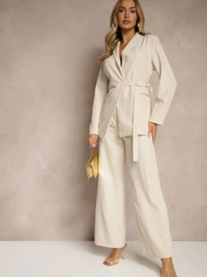 Beżowy Garnitur Szerokie Spodnie i Asymetryczna Marynarka Pumeira jumelle