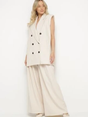 Beżowy Garniturowy Komplet Długa Kamizelka i Szerokie Spodnie Edivira jumelle