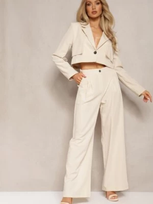 Beżowy Garniturowy Komplet Marynarka Cropped i Szerokie Spodnie Mairilee