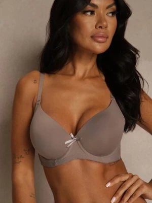 Beżowy Gładki Biustonosz o Klasycznym Fasonie Zdobiony Kokardką Caloris