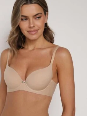 Beżowy Gładki Biustonosz Push-up Halilura