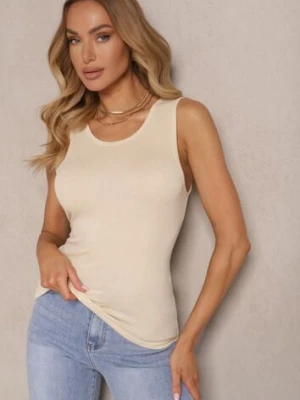 Beżowy Gładki Top na Szerokich Ramiączkach Lisaniela glo-story