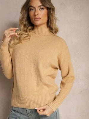 Beżowy Golf Sweter z Tłoczeniem i Ściągaczami Melovira wool fashion