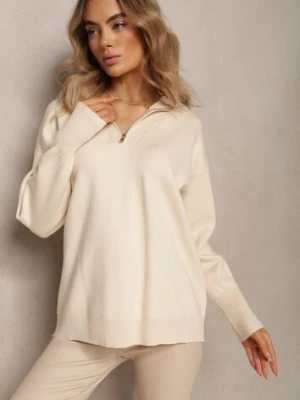 Beżowy Golf w Stylu Sweterkowym z Zamkiem na Dekolcie Davinde rosa