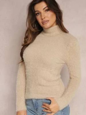 Beżowy Golf z Dzianiny z Długim Włosem i Dodatkiem Wełny Gerdonna j&x