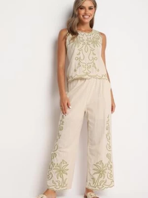 Beżowy Haftowany Bawełniany Komplet Góra Bez Rękawów i Spodnie z Długimi Nogawkami Jerceria