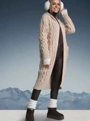 Beżowy Kardigan Dzianinowy z Domieszką Wełny z Kapturem i Kieszeniami Vaiessa moni&co