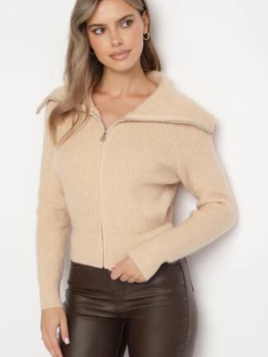 Beżowy Kardigan Dzianiny z Wełną z Golfem Zapinany na Suwak Zinellia j&x