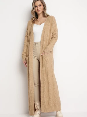 Beżowy Kardigan o Długości Maxi ze Wzorem w Warkocz i Kieszeniami Demixi Wool Fashion