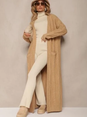 Beżowy Kardigan o Wydłużonym Fasonie Niezapinany ze Splotem w Warkocz Ottimia wool fashion