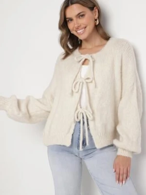 Beżowy Kardigan Oversize z Wełną Zdobiony Kokardkami Eleathalie jumelle