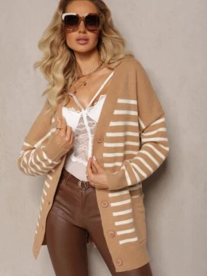 Beżowy Kardigan w Paski o Wydłużonym Fasonie z Dekoltem V Zapinany na Guziki Ravime m&v