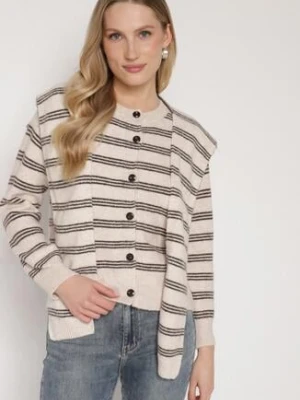 Beżowy Kardigan w Paski z Domieszką Wełny z Dodatkową Narzutką Fedina maja studio